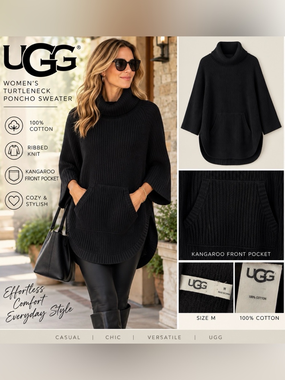 UGG Black 100% Cotton Ribbed Turtleneck Poncho Sweater size M